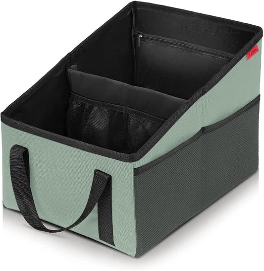 Car Seat Organizer - Passenger Seat Organizer, Collapsible Small Car Seat Storage Organizer for Console Front or Back, Automotive Backseat Organizer with Belt 4 Cup Holders for Kids Accessories, Cyan
