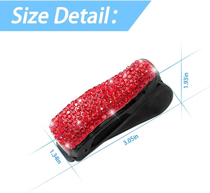 Moly Magnolia 2 PCS Glasses Holders for Car Sun Visor, Fashion Bling Crystal Rhinestones Car Eyeglasses Sunglasses Hanger Mount with Ticket Card Clip for Women Girls (Red)