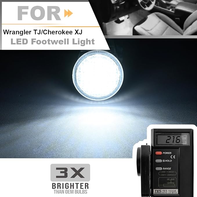 LED Interior Footwell Light with Harness for Jee'p Wrangler TJ Cherokee XJ | Grand Cherokee ZJ Ram 1500 2500 3500 LED Under Dashboard Courtesy Floorboard Lamp Assembly Xenon White 6000K 2Pcs