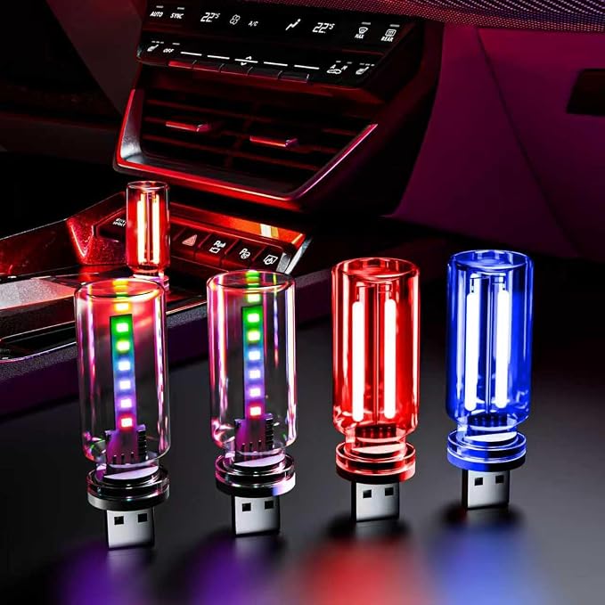 4 PCS USB Night Light Bulb,Touch Dimmable Retro Car Interior Ambient Light | Portable Glass Bottle Design Chubby Glow LED Light for Car, Truck, Bedroom, 2 RGB and 1 Red 1 Blue Lighting