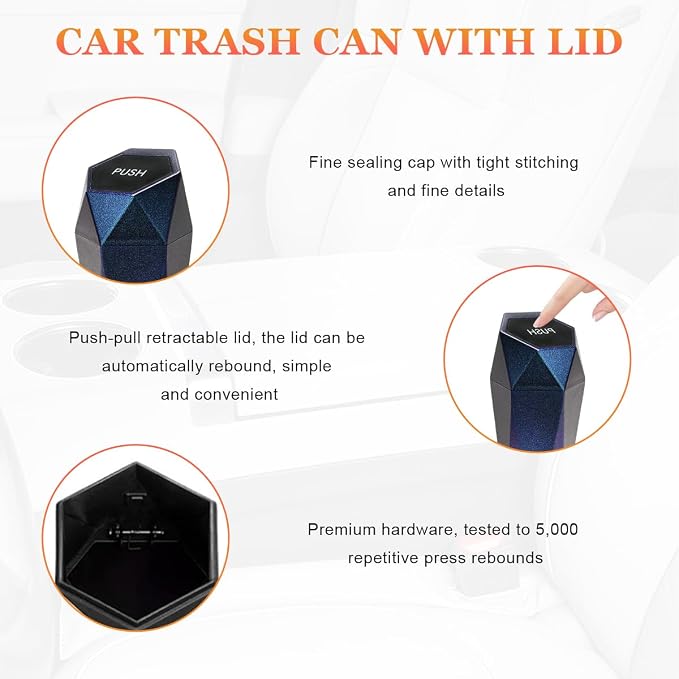 Car Trash Can with Lid, Diamond Design Leakproof Vehicle Cup Holder Garbage Can, Waterproof Trash Bin Mini Portable Garbage Organizer for Cars Homes Offices Bedrooms (Blue & Purple)