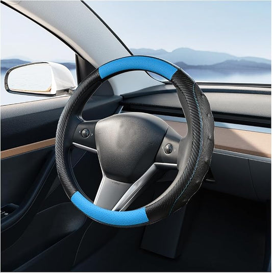 Car Steering Wheel Cover, Breathable Carbon Fiber Vehicle Steering Wheel Protector with Anti-Slip Lining, Automotive Interior Accessories, Universal for SUV RV Truck (Black Blue)