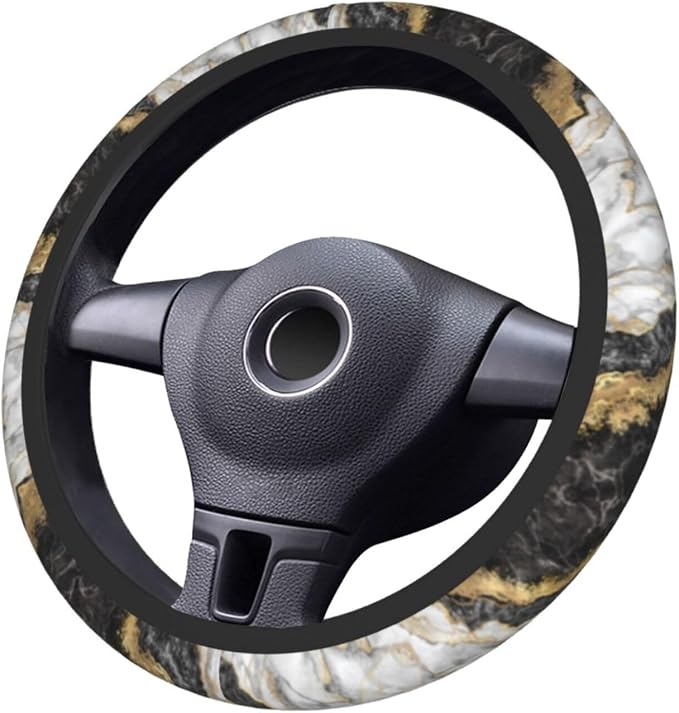 Marble Black And Grey Gold Steering Wheel Cover For Women Men Girls, Universal 15 Inch Anti Slip Steering Wheel Protector Car Accessories Interior For Auto Truck Suv