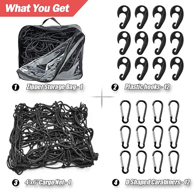 Natural Latex Core Super Duty Cargo Net for Pickup Truck Bed 4'x6' Stretches to 8'x12' | 12 Carabiners + 12 Hooks | Small Tight 4”x4” Mesh Bungee Net for Ford, Dodge, Chevy, Toyota, GMC