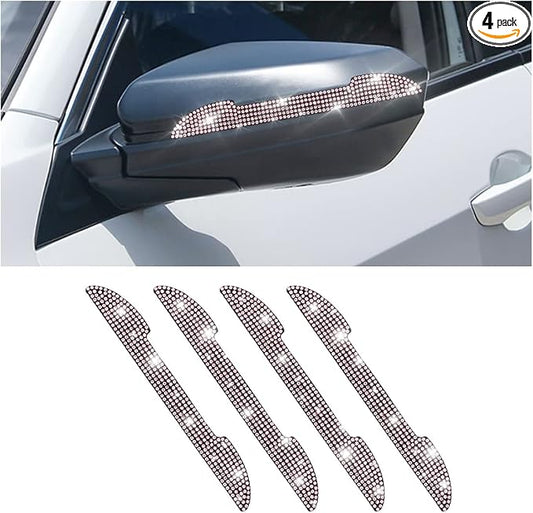 4PCS Bling Car Rear View Mirror Anti-Scratch Stickers Protector, Rhinestone Auto Door Handle Edge Guards, Crystal Anti-Collision Strip Decal, Car Decoration Accessories for Women Men (Pink)