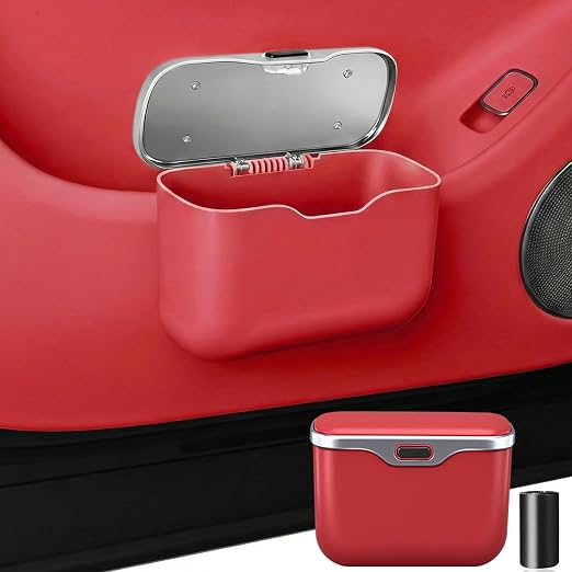 Hanging Car Trash Can, Leakproof Garbage Bin with Lid, Red | ABS Construction, Clip-On Door/Back Seat Pocket Mount, Waterproof Liner, Push-Top Opening, For Suvs, Trucks, Sedans, Vans
