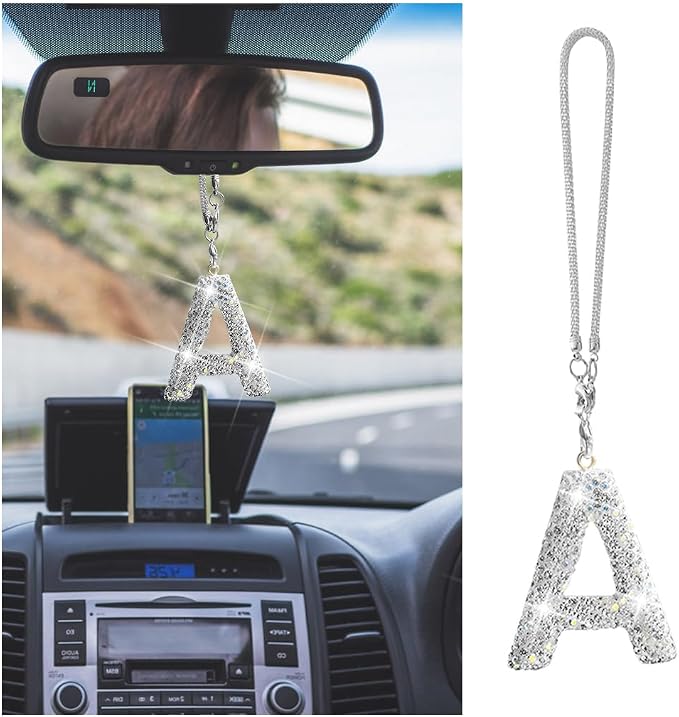 Bling Car Rear View Mirror Letter Charm, Crystal Rhinestone Rear View Mirror Hanging Ornament, Automotive Interior Rearview Mirrors Decoration Accessories, Universal for Vehicles(A)