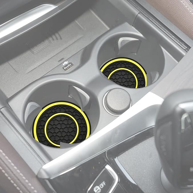 Car Cup Coaster Universal Automotive Waterproof Non-Slip Cup Holders Sift-Proof Spill Holder Car Interior Accessories 2 Pack Black & Yellow