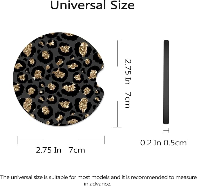 Car Coasters for Cup Holders - Black Gold Leopard Print | 2 Pack Anti Slip Universal Rubber Car Cup Coaster for Women Men, Car Interior Accessories