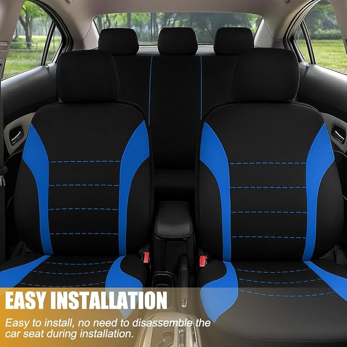Car Seat Cover Full Set, Fashion Soft Sponge Vehicle Front and Rear Split Bench with Removable Headrest Cover, Breathable Auto Seat Protector, Universal for Truck SUV Sedan (Blue/Black)