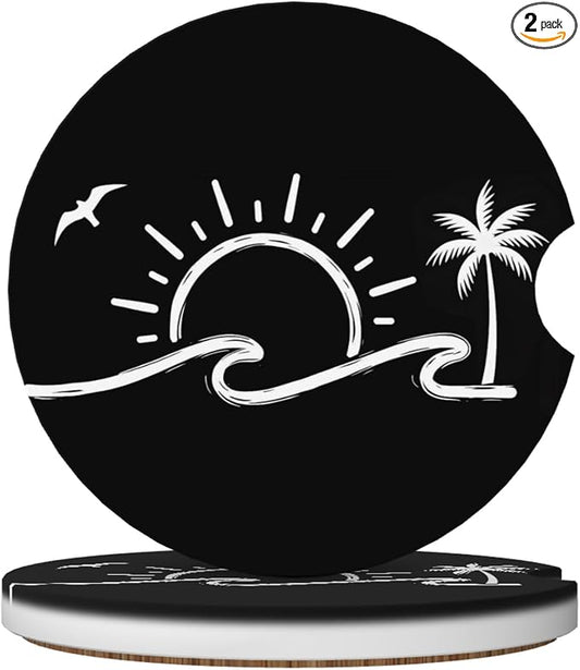 Sunset Waves Car Cup Holder Coasters 2 Pack 2.63" for Women | Palm Trees Universal Anti Slip Ceramic Absorbent Coaster with Cork Base and Finger Notch Cute Car Accessories Interior