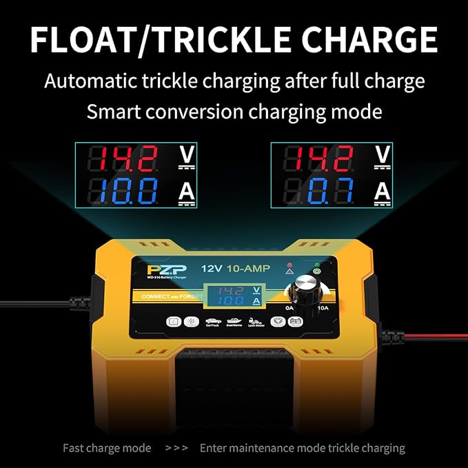12V Automatic Car Battery Charger, 0-10A Arbitrarily Adjustable Smart Trickle Charger, Auto Desulfator with Battery Repair, Battery Maintainer with Winter Mode for AGM, Gel, Deep Cycle, Lead-Acid