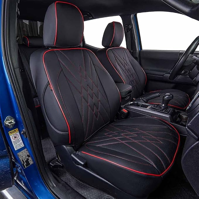 EKR Tacoma Front Seat Covers Custom Fit for Toyota Tacoma 2012 2013 2014 2015 (Regular Seats), Leather Truck Seat Cover for Car - Front Row Only,Faux Leather(Black with Red Trim)