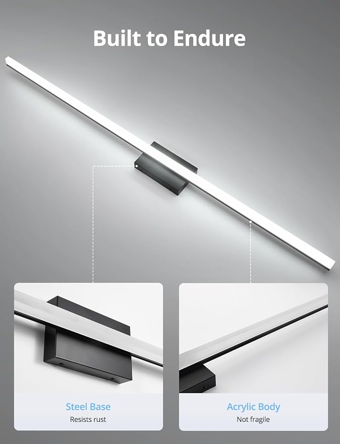 Combuh 48Inch Bathroom Vanity Light Fixtures Extra Long Lighting Bar Above Mirror, Modern Black Bright 23W 2300LM Wider Coverage Slim Sleek IP44 Rustproof LED Bath Wall Sconce for Makeup Cool White