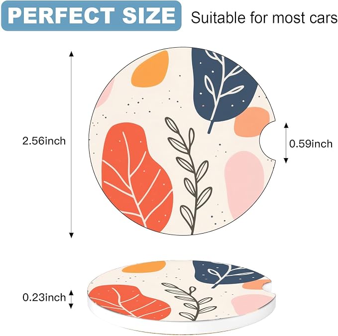 Car Cup Holder Coaster Set of 2, 2.56 in Ceramic Coasters, Scratch-Resistant Cork Backing, Finger Groove Design for Easy Placement, Cute Car Accessories Interior for Women (Bohemian Leaves)