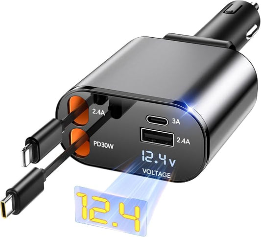 Retractable Car Charger,Car Phone Charger USB C Fast Charge for iPhone | EloBeth Car Charger,Cigarette Lighter USB Charger Car Accessories,Road Trip Essentials Gift for Men,for iPhone 17/16,Galaxy