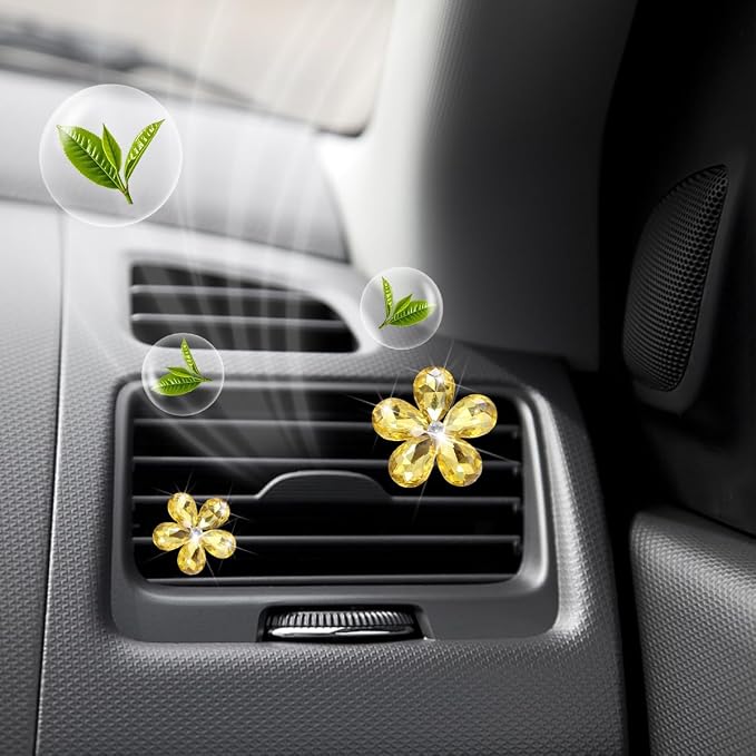 Zpana Bling Daisy Flower Car Air Vent Clips, 5PCS Sparkling Crystal Rhinestone Cute Vehicle Air Conditioning Clamp, Diamond Auto Air Outlet Clip Decor for Women Girls, Universal Fit (Golden)