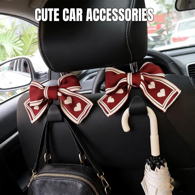 2PCS Car Seat Headrest Hooks, Car Purse Hook, Cute Bow Knot Vehicle Seatback Hanging Storage Organizer, Auto Seatback Decor Organizer Hanger for SUV Truck (Red/White)