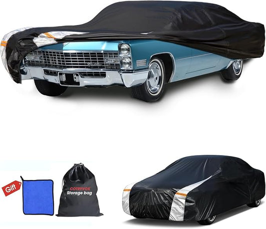 Multi-Layer Sedan Car Cover Custom Fit for Cadillac DeVille(1960-1980), 100% Waterproof All Weather for Automobiles, Gift with Towel, Heavy Duty Car Covers for Rain Sun UV Protection with Door Zipper.
