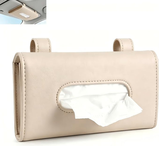 Car Tissue Holder, Visor Tissue Box for Car SUV Truck, Sun Visor Napkin Holder with Metal Clip, PU Leather Auto Interior Accessories (Beige)