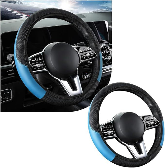 povtii Car Steering Wheel Cover, 15 Inch Leather Breathable Auto Steering Wheel Protector, Comfortable Non-Slip Vehicle Steering Wheel Covers, Universal Interior Car Accessories (Black+Blue, AD)