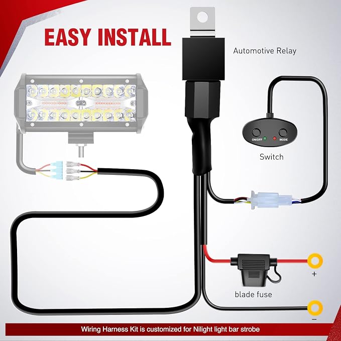 Nilight 16AWG Wiring Harness Kit 1 Lead Specially Customized for 6 Modes Amber White Strobe Light Bar Off Road LED Work Light 12V On Off Switch Remember Function Reset Function