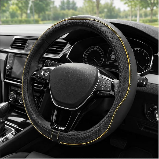 Car Steering Wheel Cover, 15 Inch Anti-Slip Breathable Leather Auto Steering Wheel Protector, Full Surround Soft Steering Wheel Cover for Men Women, Car Interior Accessories (Black & Yellow)