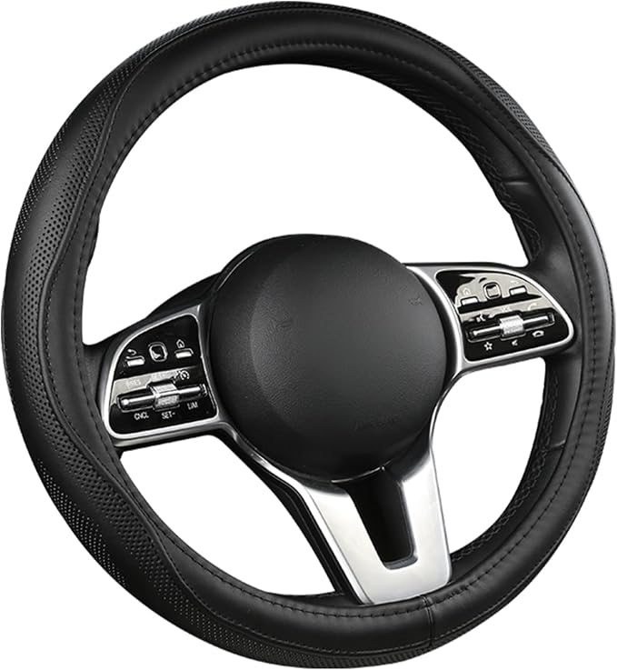 Genuine Leather Steering Wheel Cover, Real Cowhide for 14.5-15 Inch Steering Wheels, Universal Fit for Cars and Trucks (Black)