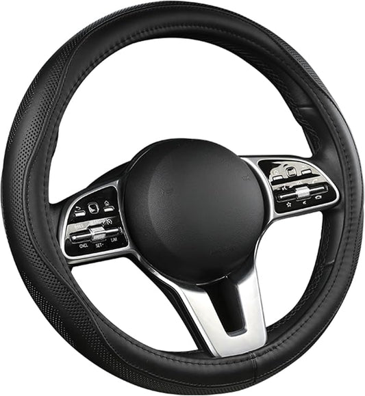 Genuine Leather Steering Wheel Cover, Real Cowhide for 14.5-16 Inch Steering Wheels, Universal Fit for Cars and Trucks (Black, 16inch)