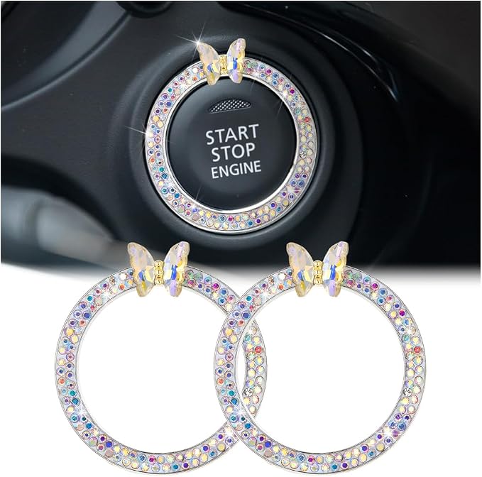 2PCS Bling Car Engine Start Stop Decoration Ring, Crystal Rhinestone Auto Push Start Button Ignition Ring Sticker, Vehicle Decor Accessories for Women Girls, Universal for Vehicles (AB Color)