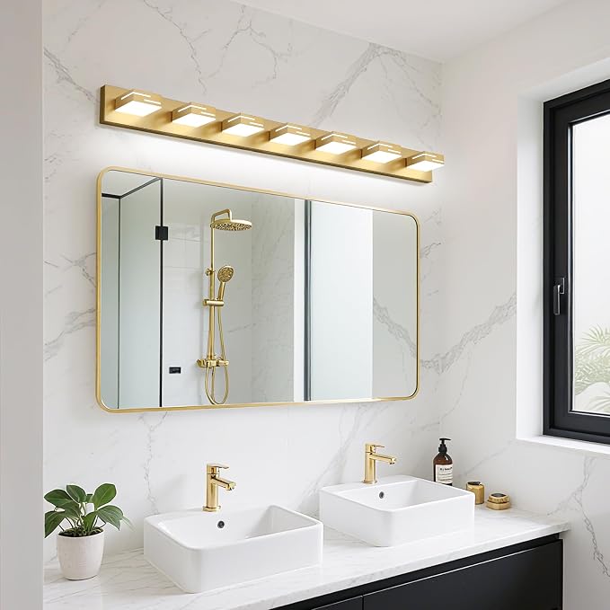 LED Modern Bathroom Vanity Light Fixtures, Dimmable Gold Vanity Lights for Bathroom Lighting Fixtures Over Mirror, with 360° Rotatable Heads 7-Light 48-inch (Cool White 6000K)