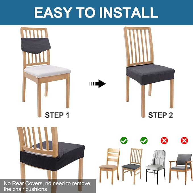 Smiry Waterproof Seat Covers for Dining Room Chairs Set of 2, Stretch Jacquard Removable Washable Chair Seat Slipcovers Protector, No Rear Covers, Dark Grey