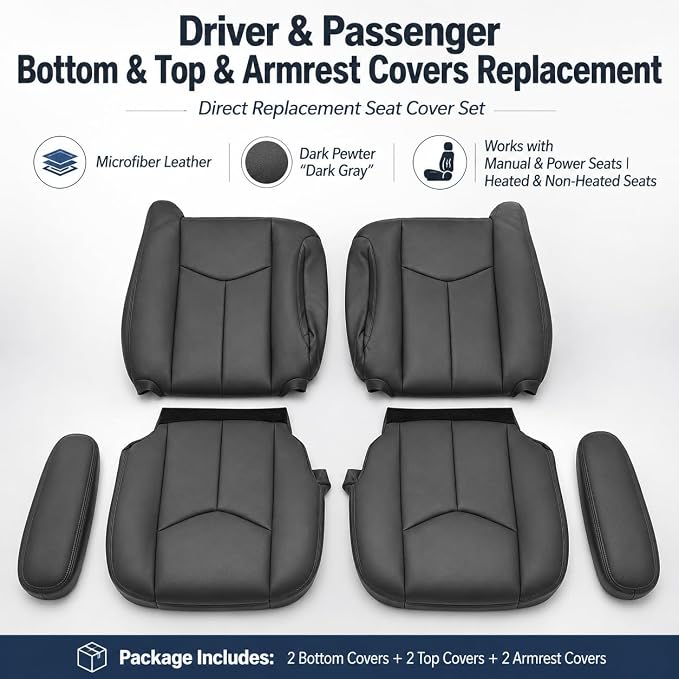 NLQR 6-Piece#692/69i Dark Gray Driver & Passenger Bottom+Top Lean+Armrest Replacement Microfiber Leather Seat Covers Custom Fit for Chevy Silverado Tahoe Suburban Avalanche GMC Sierra Yukon 2003-2006