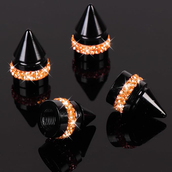 ToBeQueen Bling Orange Tire Valve Caps, Handmade Crystal Rhinestone Dimand Tire Caps, 4 Pack Aluminum Alloy Universal Valve Stem Caps Bling Car Accessories(Orange)