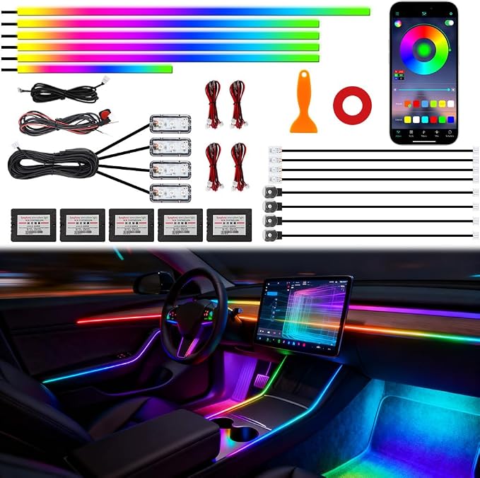Acrylic Interior Car Ambient Lighting, Interior RGB LED Strip Kit with Music Sync Mode, 55 Inch Length Suitable for Pickup, Trucks, SUV and Large Vehicles (18 in 1)