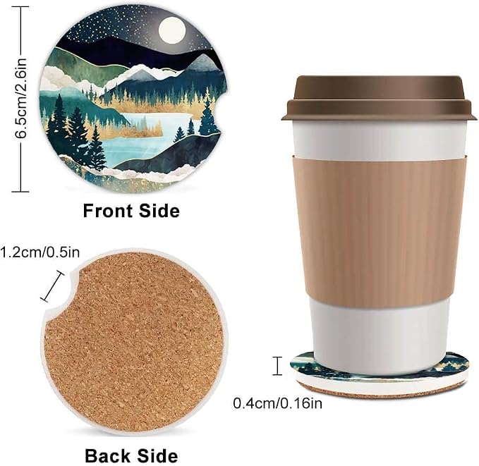 2 Pack Absorbent Car Coasters for Cup Holders,Ceramic Coasters with Cork Back and Finger Slot,Cool Cupholder Accessories to Keep Your Car Cup Holders Clean and Dry 2.56"(Mountains Nature Scenery)