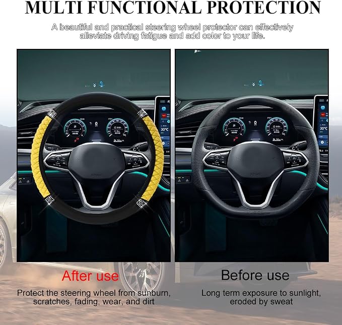 Bling Soft Leather Steering Wheel Cover, 15 Inch Colorful Rhinestones Auto Elastic Steering Wheel Protector for Women Girls, Car Accessories Anti Slip Steering Wheel Cover for Cars, SUVs (Yellow)