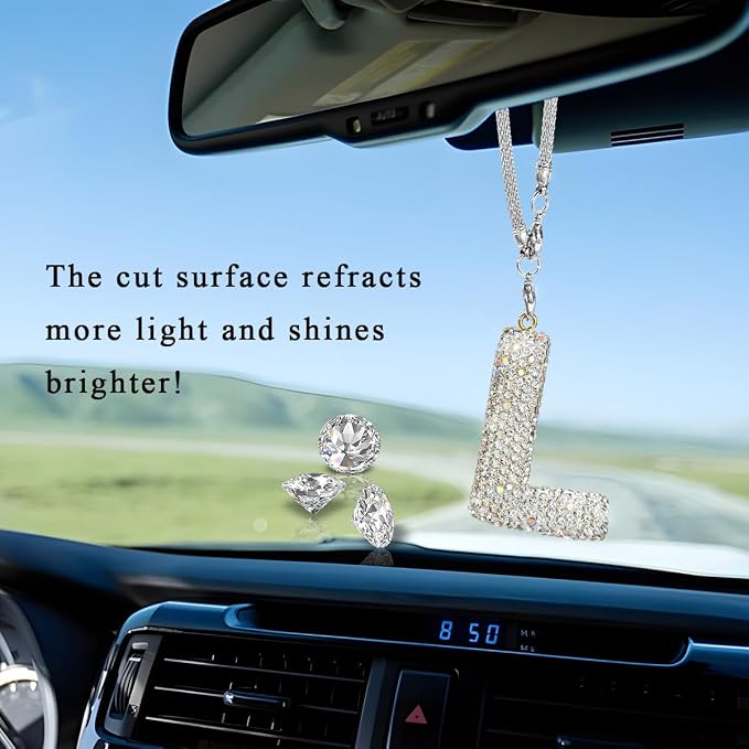 DXNQ Bling Initial Car Rear View Mirror Ornament, Crystal Sparkling Cute Letter Charm Pendant Auto Decor, Hanging Lucky Diamond Initial Charm Car Mirror Bag Ornament for Girl Women (Letter L)