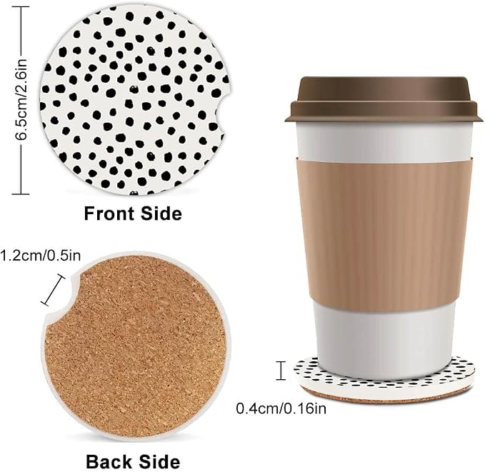 Absorbent Car Cupholder Coaster 2 Pack,Ceramic Stone with a Finger Notch for Women & Lady,Cork Base Drink Coasters 2.56 Inch,Cute Auto Accessories Gifts - Cute Black Polka Dot