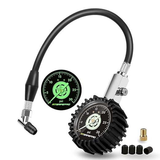 ATsafepro Low Pressure Tire Gauge to 30PSI, 2.5” Mechanical Tire Gauge with Flexible Hose and Angled Chuck, Analog Air Pressure Gauge Glow in The Dark for ATV, Off Road, Lawn Mower Etc