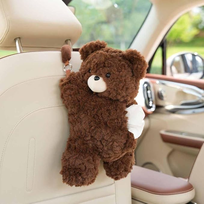 Tissue Box Cover Plush Tissue Box Holder for Car, Home, Decorative Holder/Organizer for Bathroom Vanity Countertop, Nightstands, Office Desk- Deep Brown Bear