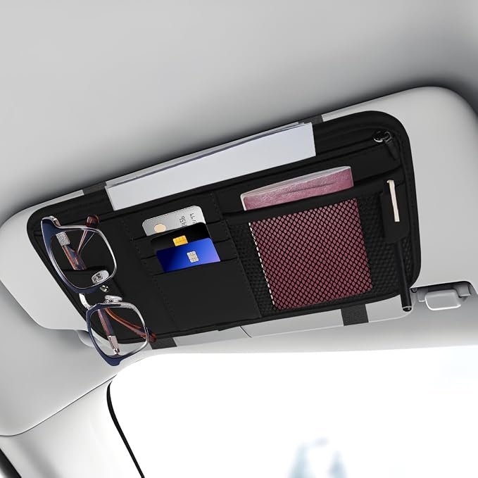 Car Sun Visor Organizer, PU Leather Automotive Visor Storage Pouch Holder with Multi-Pocket, Vehicle Interior Organizer Accessories for Sunglasses, Pen, Key, Phone, Cards, License(Black)