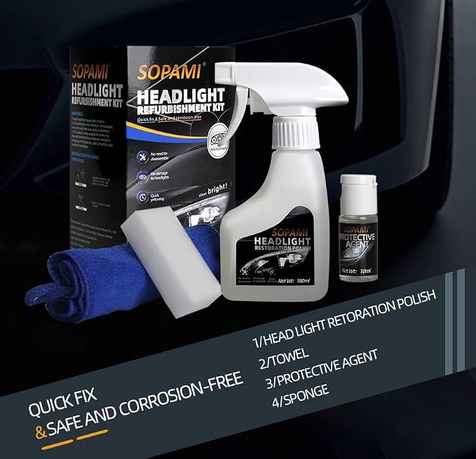SOPAMI Car Headlight Restoration Kit Headlight Cleaner | Restores Clear Yellowed Car Plastic and Protects from Re-Oxidation Includes coating agent and towel, sponge wipe