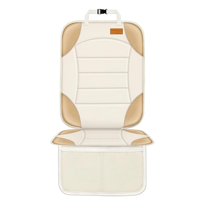 Siivton Car Seat Protector for Child Car Seats, Waterproof 600D Fabric Car Seat Cover, Non-Slip Backing, Thick Padding, Mesh Pockets for Storage, Protects Leather & Fabric Upholstery (Off-White)