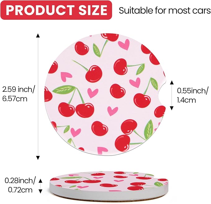 2 Pack Pink Cherry Car Coasters for Women Car Cup Holder Coasters, 2.63 Inch Anti Slip Ceramic Absorbent Coaster with Cork Base and Finger Notch, Cute Car Accessories Interior