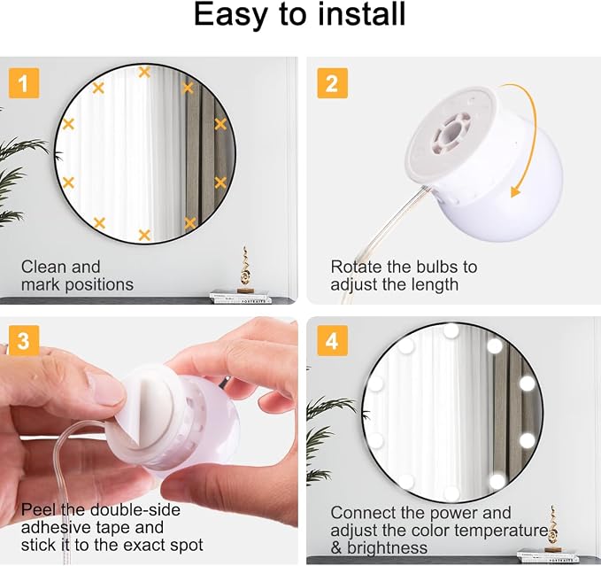 LED Vanity Lights for Mirror, High Brightness LED Chip, Hollywood Style Vanity Light with 12 Dimmable Bulbs, Adjustable Color & Brightness, USB Cable, Mirror lights for Makeup, lighting and Decoration