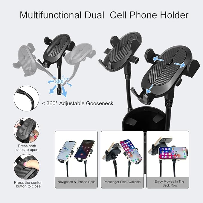 JINKEY Dual Cup Holder Phone Mount for Car，2-in-1 Adjustable Gooseneck Cradle with 360° Rotation Heavy Duty Universal Automobile Stand for Most 4"-6.7" i-Phone Mobile-Phone Holder