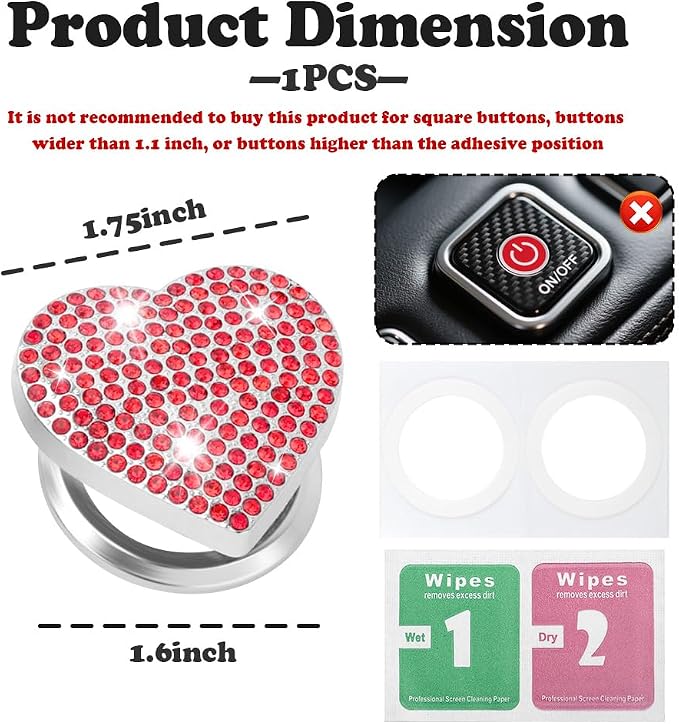 Bling Push Start Button Cover with Rhinestone,Heart Push to Start Button Cover for Car Decor,Diamond Engine Start Buttons Cover Car Accessories Interior for Women & Girl (Red)