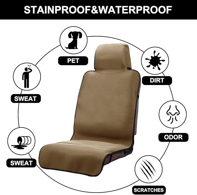 Waterproof Seat Cover, 2pcs Upgraded Sweat Carseat Protector, Perfect for Universal Anti-Slip Car Truck SUV Seat, Ideal for Surfing Yoga Gym Workout, Khaki