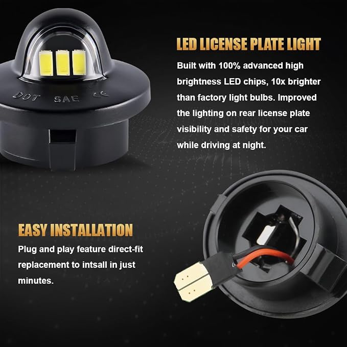 D-Lumina LED License Plate Light Tag Lamp with Socket Wiring Harness for Fo-rd F150 F250 F350 F450 F550 Super Duty Ranger Explorer Bronco Excursion Expedition, Powered by 3-SMD 6500K White, Pack of 2